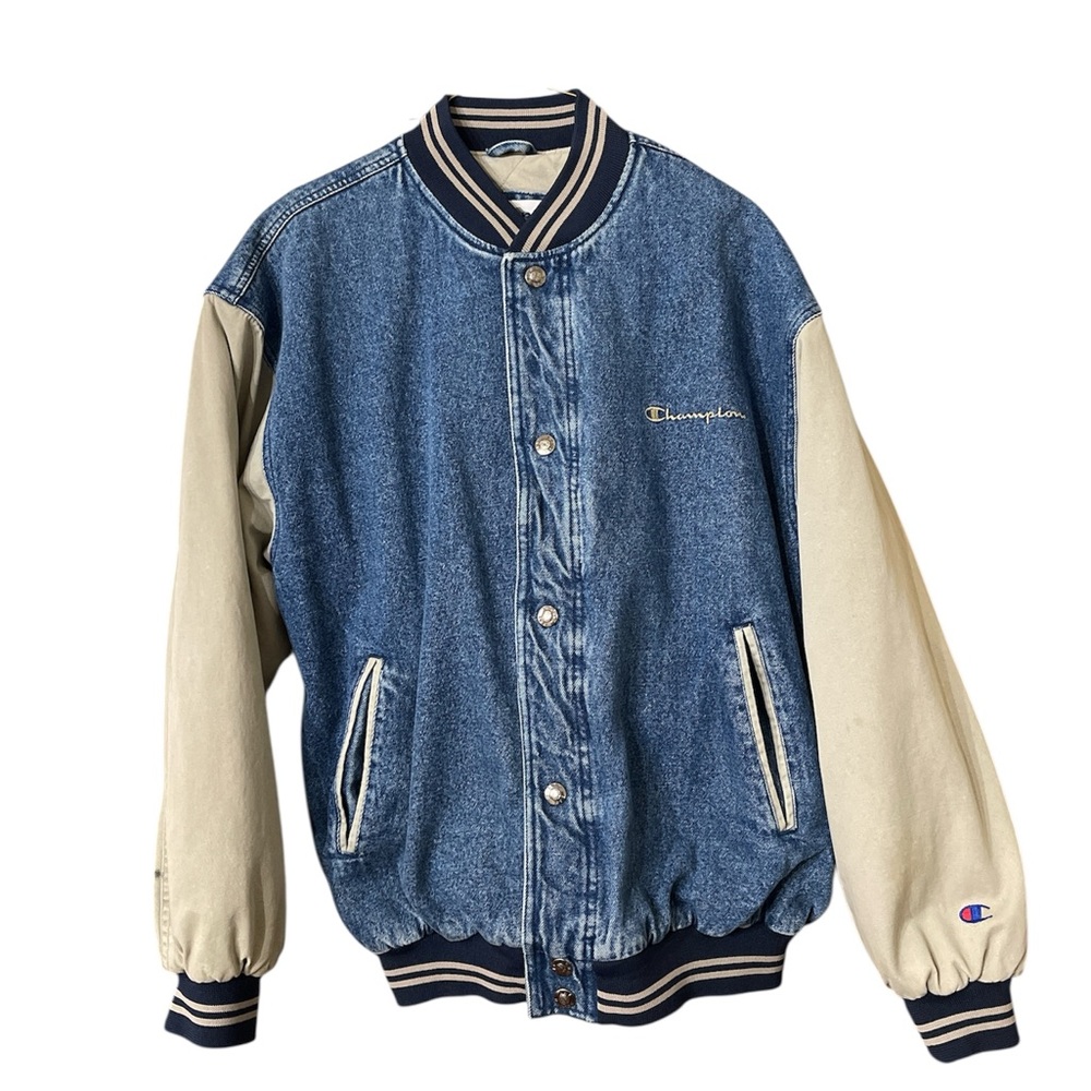 Vintage Champion Blue and Cream Varsity Jacket medium